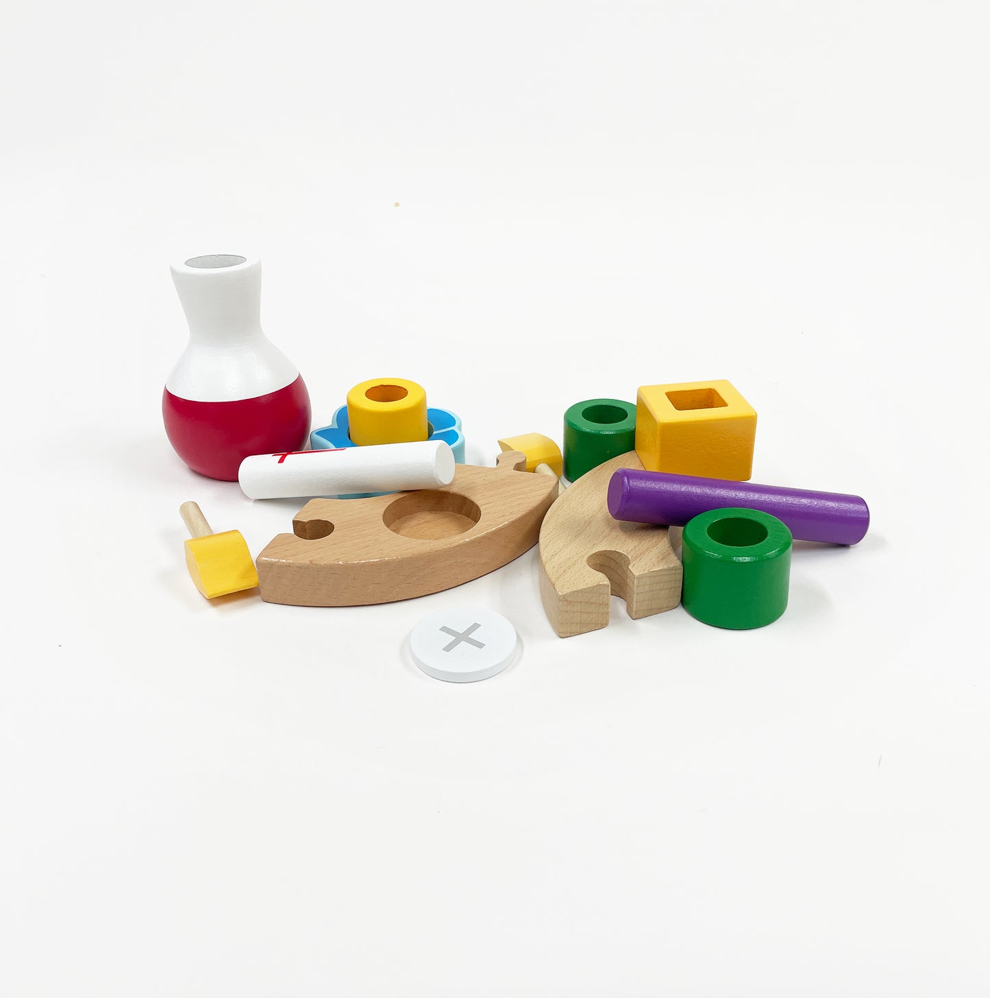 A collection of colorful christian toy parts