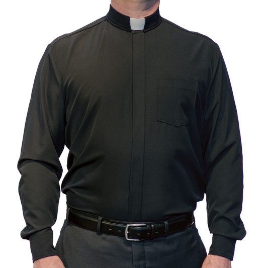 A long-sleeve black clerical shirt with a traditional covered placket, chest pocket, and a white PVC collar tab.